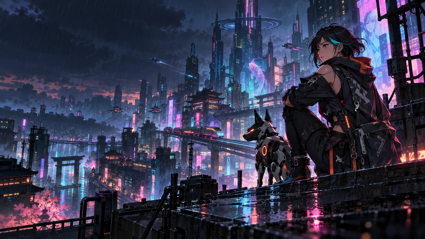 Original heroine and robotic canine overlooking a neon city