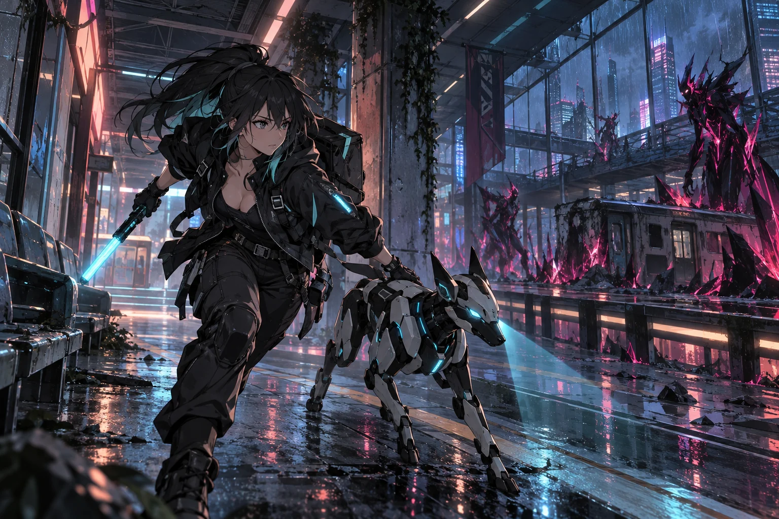 NEON STRAY heroine and robotic canine in a neon transit station