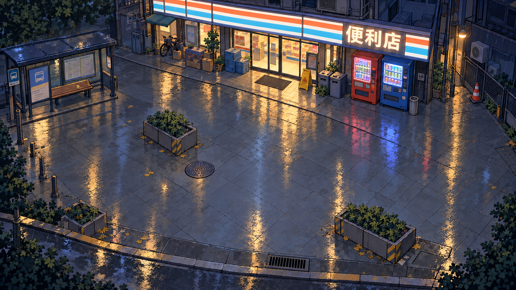 Night Patrol's rainy District 09 plaza
